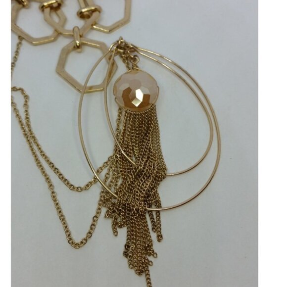 𝅺Curated bundle gold tone chain tassel necklaces layered look modernist style. - Picture 3 of 4
